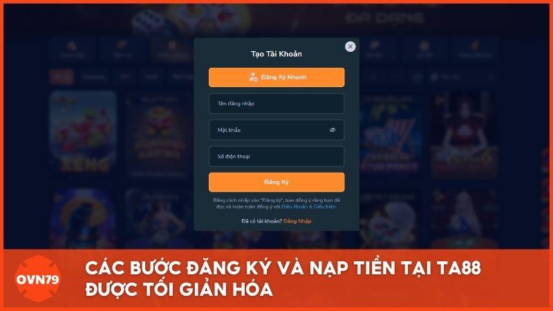 Các bước đăng ký và nạp tiền tại trang cá cược bóng đá trực tuyến Ta88 được tối giản hóa, giúp người mới dễ dàng trải nghiệm ngay lần đầu.