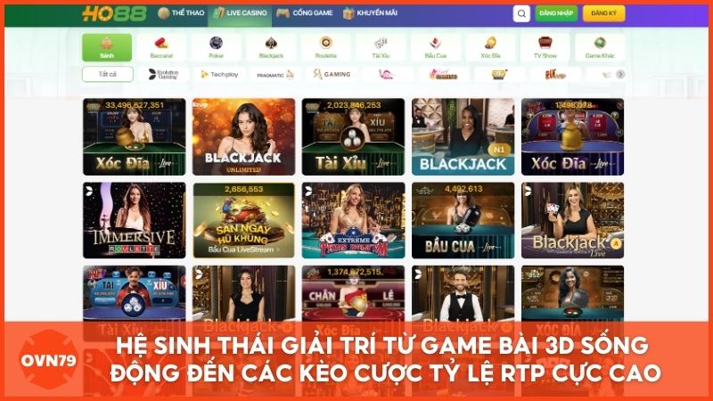 Hệ sinh thái giải trí đa tầng tại Ho88.com, từ sảnh nhà cái game bài 3D sống động đến các kèo cược thể thao và nổ hũ với tỷ lệ RTP cực cao